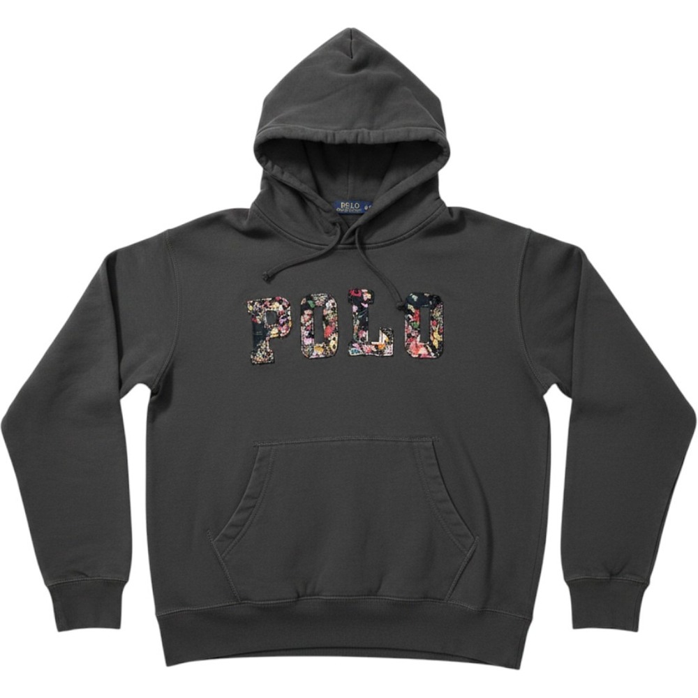 Polo Ralph Lauren Floral Patchwork Logo Hoodie Charcoal Gray Cotton Sweatshirt M